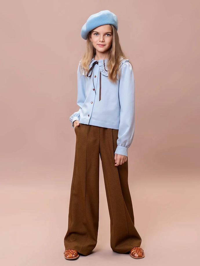 Блуза укороченная с контрастной отделкой в цвете: Голубой, Коричневый Ole! Twice - фото 3