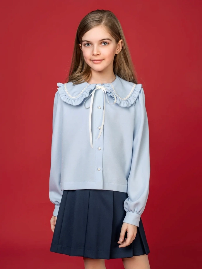 Блуза укороченная с контрастной отделкой в цвете: Голубой, Молочный Ole! Twice - фото 1