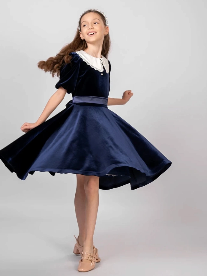 Платье из бархата со съемным воротником и коротким рукавом в цвете: Синий Ole! Twice - фото 4