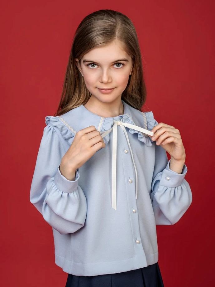 Блуза укороченная с контрастной отделкой в цвете: Голубой, Молочный Ole! Twice - фото 5