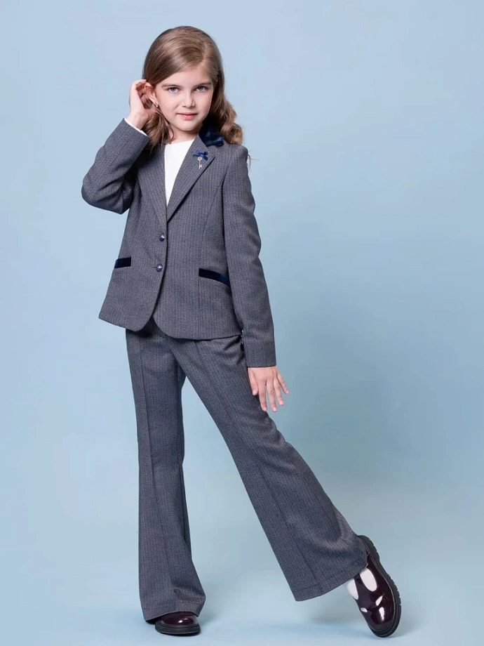 Жакет-пиджак в "елочку" с бархатной отделкой в цвете: Синий Ole! Twice - фото 5