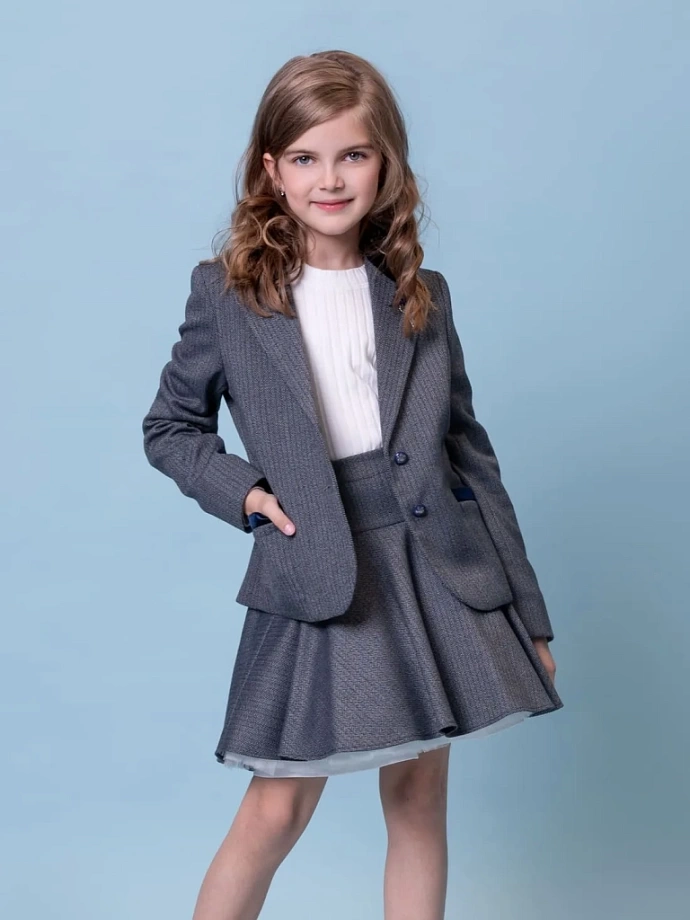 Жакет-пиджак в "елочку" с бархатной отделкой в цвете: Синий Ole! Twice - фото 10