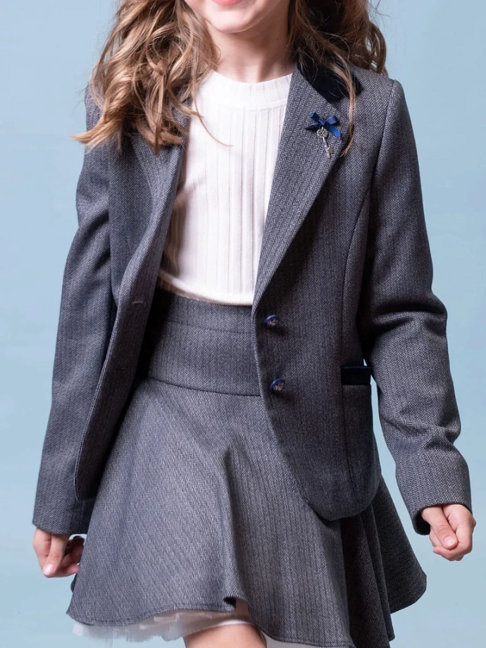 Жакет-пиджак в "елочку" с бархатной отделкой в цвете: Синий Ole! Twice - фото 4