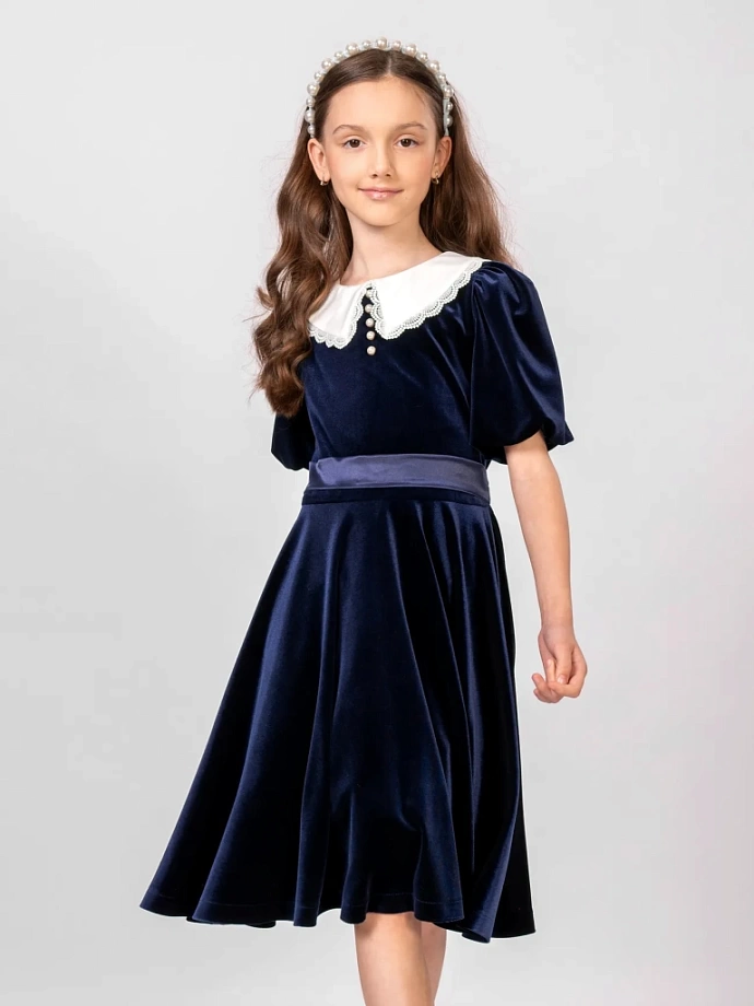 Платье из бархата со съемным воротником и коротким рукавом в цвете: Синий Ole! Twice - фото 5