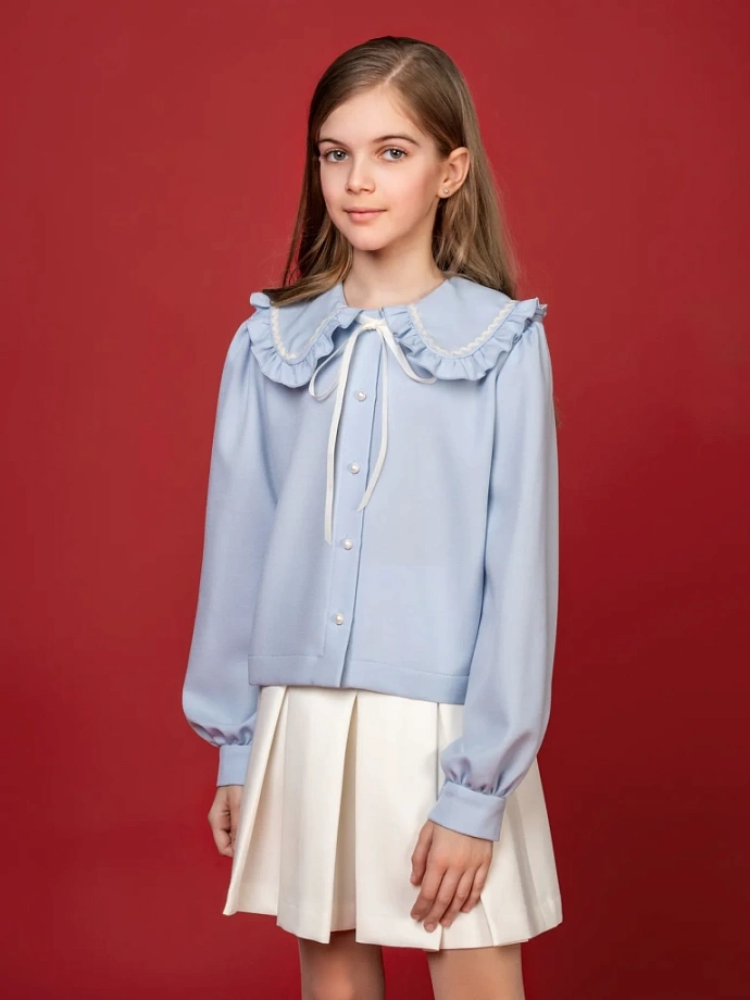 Блуза укороченная с контрастной отделкой в цвете: Голубой, Молочный Ole! Twice - фото 6