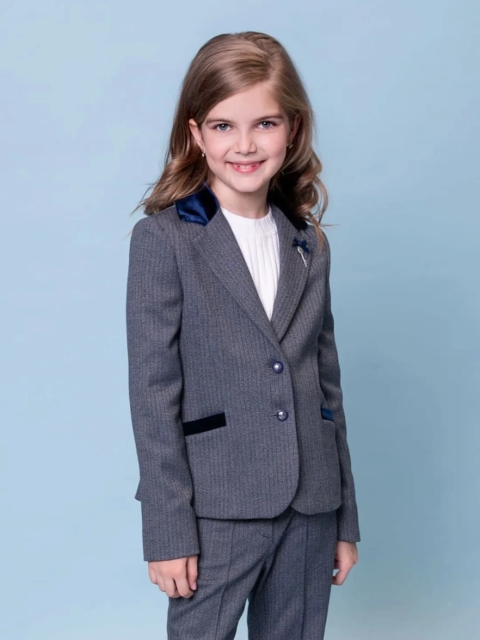 Жакет-пиджак в "елочку" с бархатной отделкой в цвете: Синий Ole! Twice - фото 6