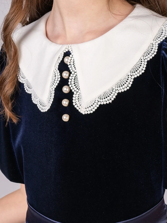 Платье из бархата со съемным воротником и коротким рукавом в цвете: Синий Ole! Twice - фото 3