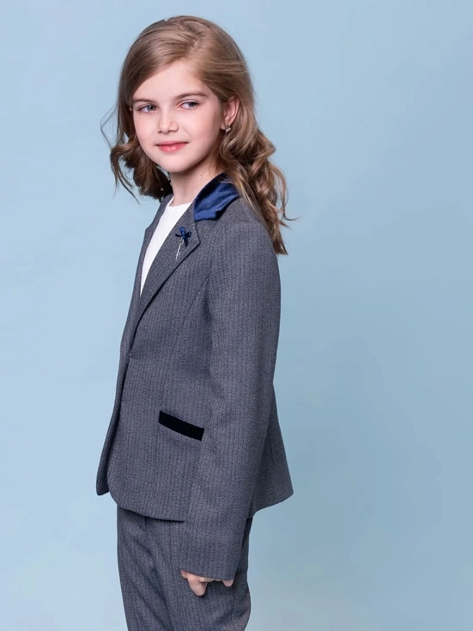 Жакет-пиджак в "елочку" с бархатной отделкой в цвете: Синий Ole! Twice - фото 8