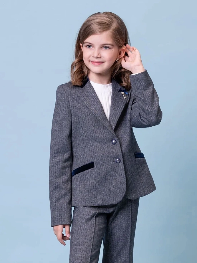 Жакет-пиджак в "елочку" с бархатной отделкой в цвете: Синий Ole! Twice - фото 1