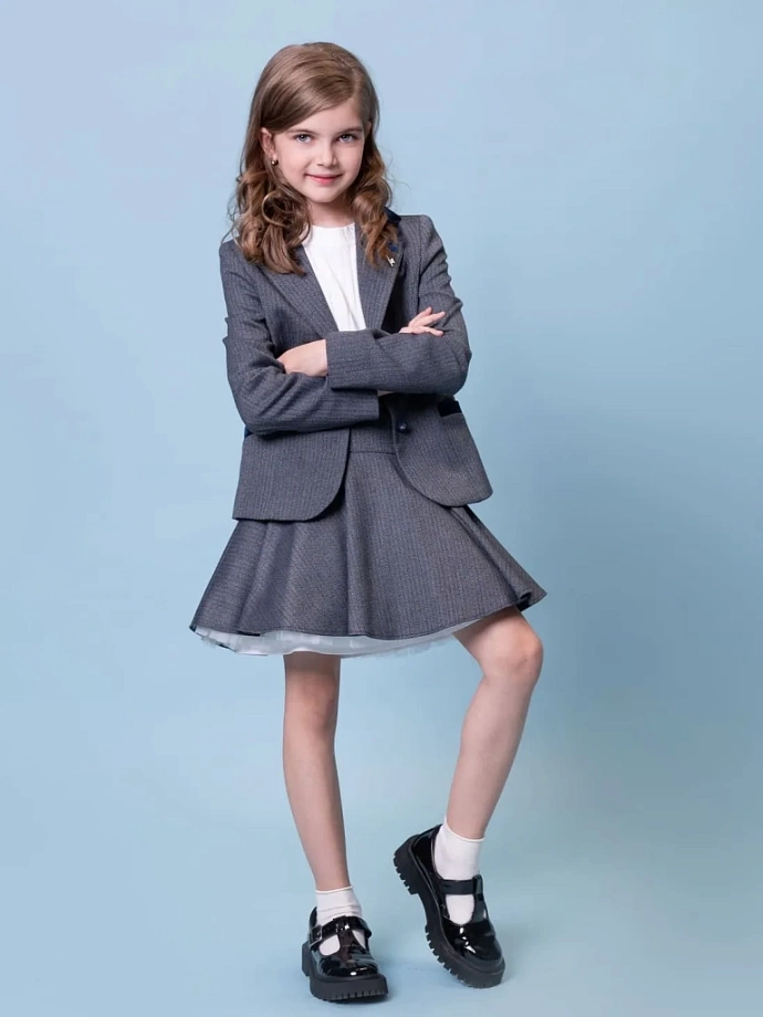 Жакет-пиджак в "елочку" с бархатной отделкой в цвете: Синий Ole! Twice - фото 7