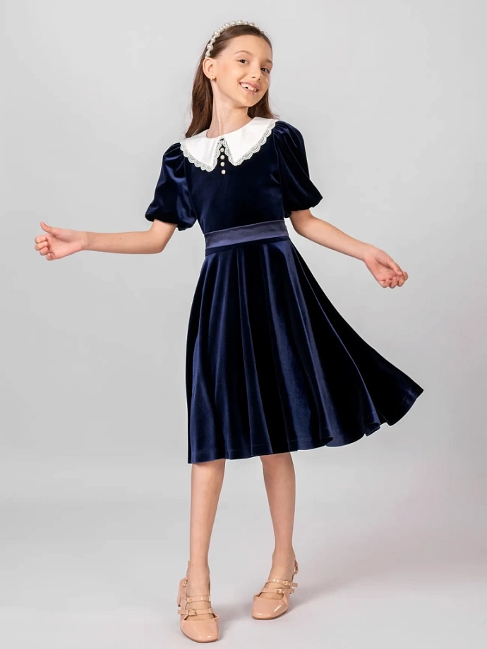 Платье из бархата со съемным воротником и коротким рукавом в цвете: Синий Ole! Twice - фото 7