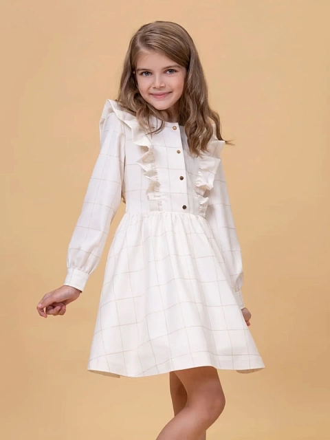 Платье с оборками и золотыми кнопками, длинный рукав