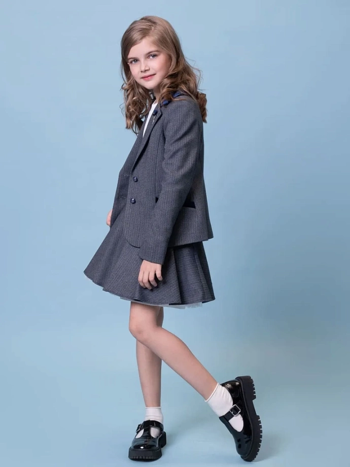 Жакет-пиджак в "елочку" с бархатной отделкой в цвете: Синий Ole! Twice - фото 3