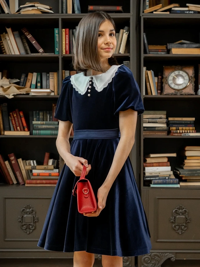 Платье из бархата со съемным воротником и коротким рукавом в цвете: Синий Ole! Twice - фото 1